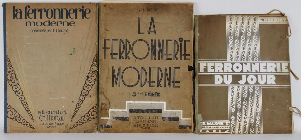 3 Folios of French Art Deco Iron Works: each folio is complete. "La Ferronnerie Moderne" "La Ferronerie Modernena 3rd Serie" These presented by H. Clouzot and "Ferronnerie Du Jour" by G. Henriot, each contain over 30 plates of French iron w