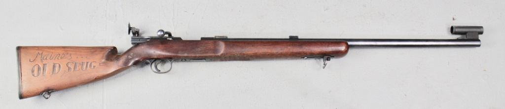 Remington Rangemaster Model 37 Rifle: Heavy Barrel Bolt Action target rifle, .22 caliber long with 28" round heavy barrel. Serial #02739, 1940s, with clip, fitted with Wittek Vaver Dial micrometer rear sight, unmarked front sight, walnut 