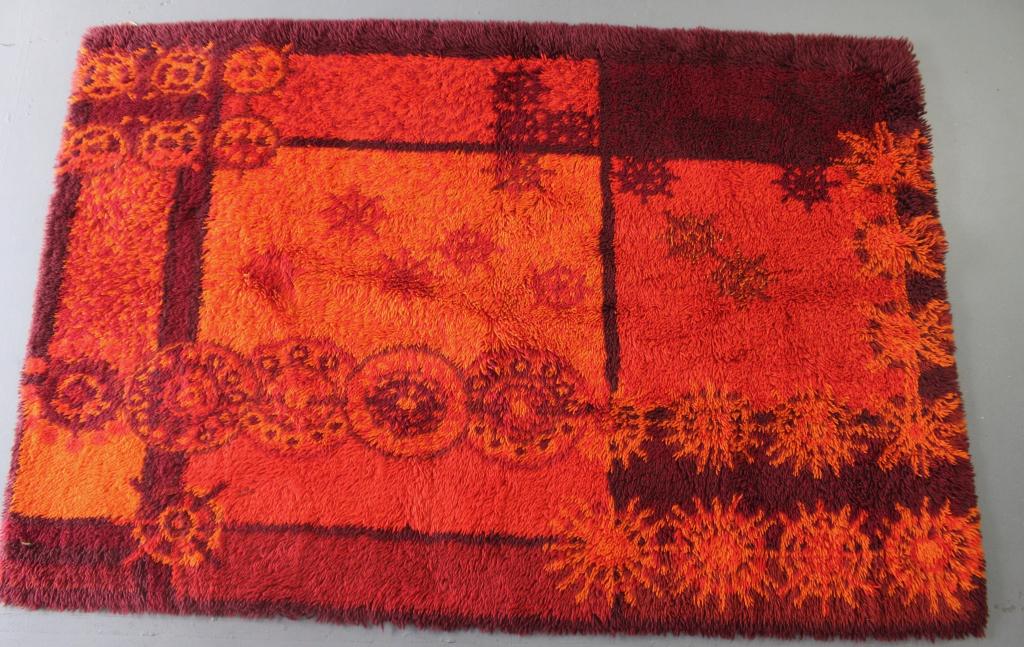 Rya Hand Loomed Rug: Scandinavian mid-century modern c. 1965, colorful wool shag with abstract design, 4.6' x 6.8', good condition.