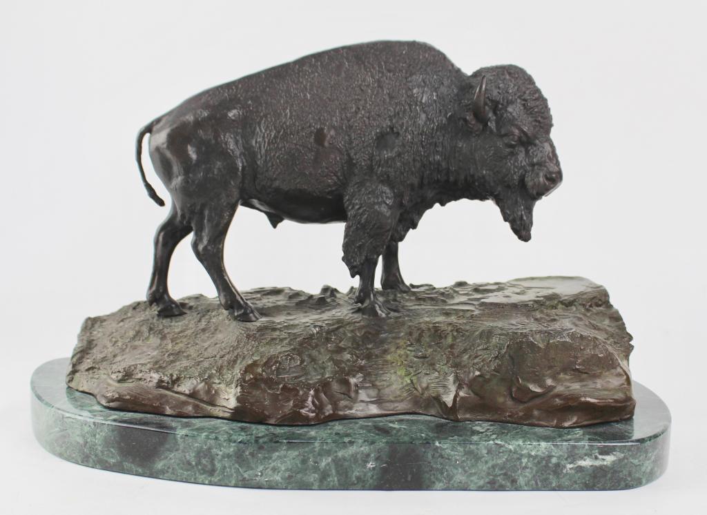 Carl Kauba, Bronze Bison: beautiful sculpture of the American Bison, signed C. Kauba, fine patina, green marble base, excellent condition, 11" h x 16" L x 9".