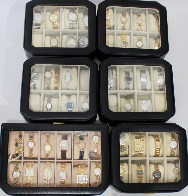 Huge Group of Fashion Watches: with custom display cases. Nolan Miller, Joan Rivers, Pierre Jaccard, Helbros, Pierre Cardin, more! 38 ladies watches, 7 men's. Most never worn.
