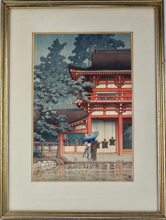 Kewase Hasui Woodblock Print: Kasuga Shrine Nara, first edition, 1933, margins intact, some toning, rare print , 9.75" x 14.5" image, frame and mat 16" x 21.25".