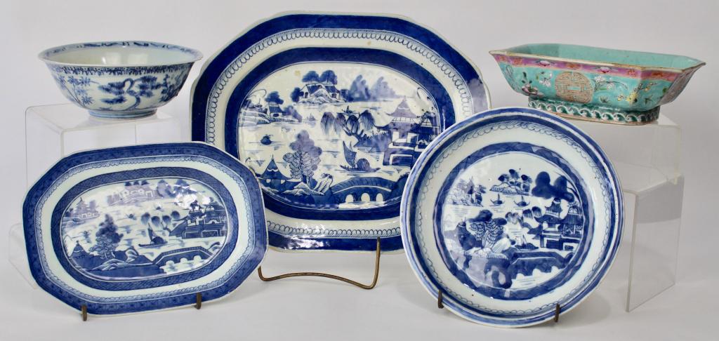 Group of Chinese Export Porcelain c. 19th century: to include; Cantonese platter 13.25" x 10.75", small platter 9.75" x 7", shallow bowl 9", bowl 6.75" x 3" with firing crack at rim (came that way) and a Peranakan Nonya Polychrome bowl 8.25" x 6, all 