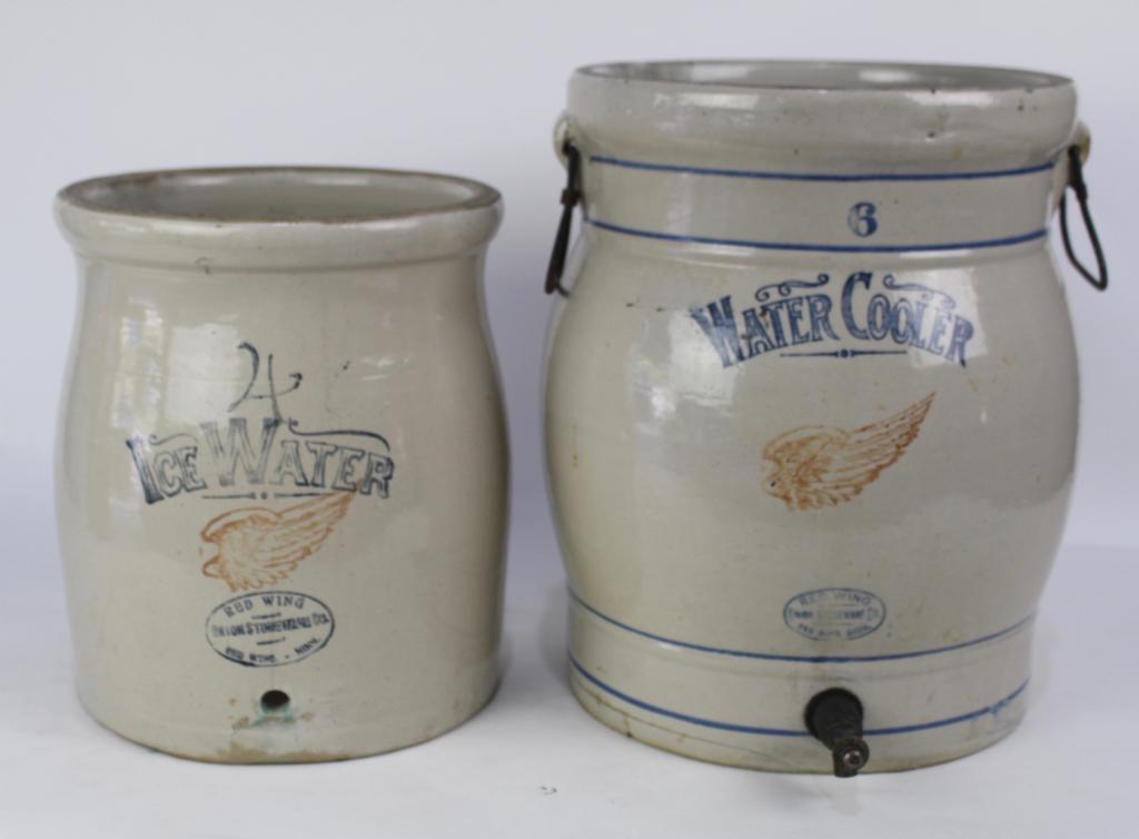 2 Red Wing Stoneware Crocks: #4 Ice Water and #6 Water Cooler with spigot, no lids, good condition, both signed.
