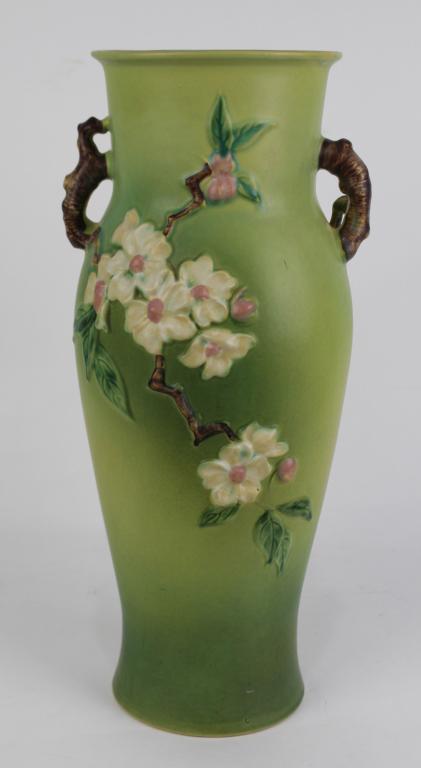 Roseville Pottery 18" Green Apple Blossom: vase, a nice example, in excellent condition.