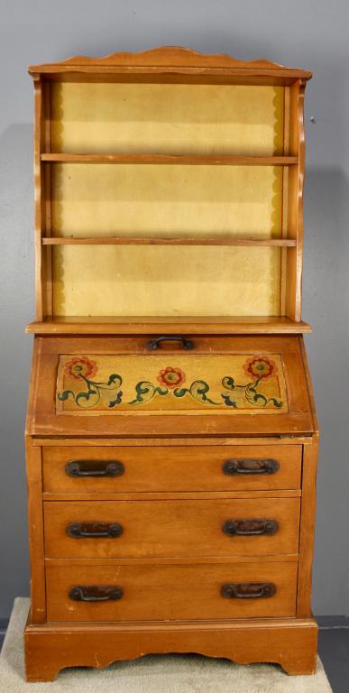 Monterey Furniture Drop-Front Secretary: California, c. late 1940s, three drawers with forged wrought iron hardware, hand painted florals on lid and sides, fitted interior, painted inside 3 stationary shelves on top, case has scratches and w