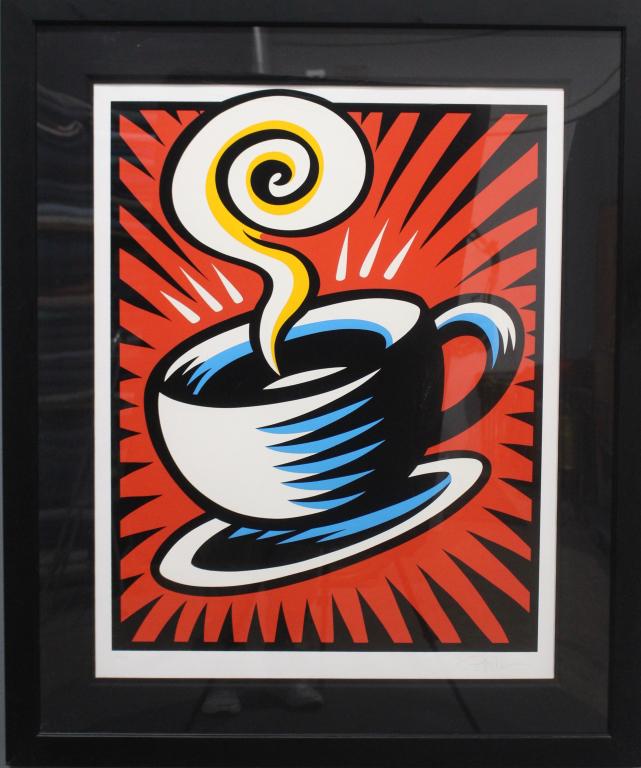 Burron Morris, Limited Edition: screen printed serigraph entitled, "Coffee Cup Red St. II", 12/99, pencil signed lower right. Image 25" x 32", in black frame and mat 35" x 42". Certificate of Triage en verso, c. 2000, excellent cond