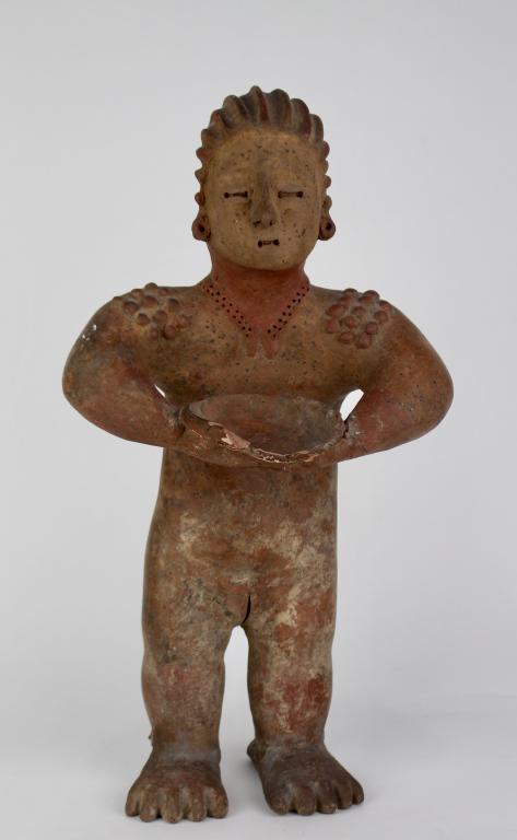 Colima Style Female Holding Bowl: terra cotta, appraisal indicates Pre-Columbian, bowl damaged, 20" x 10" wide.