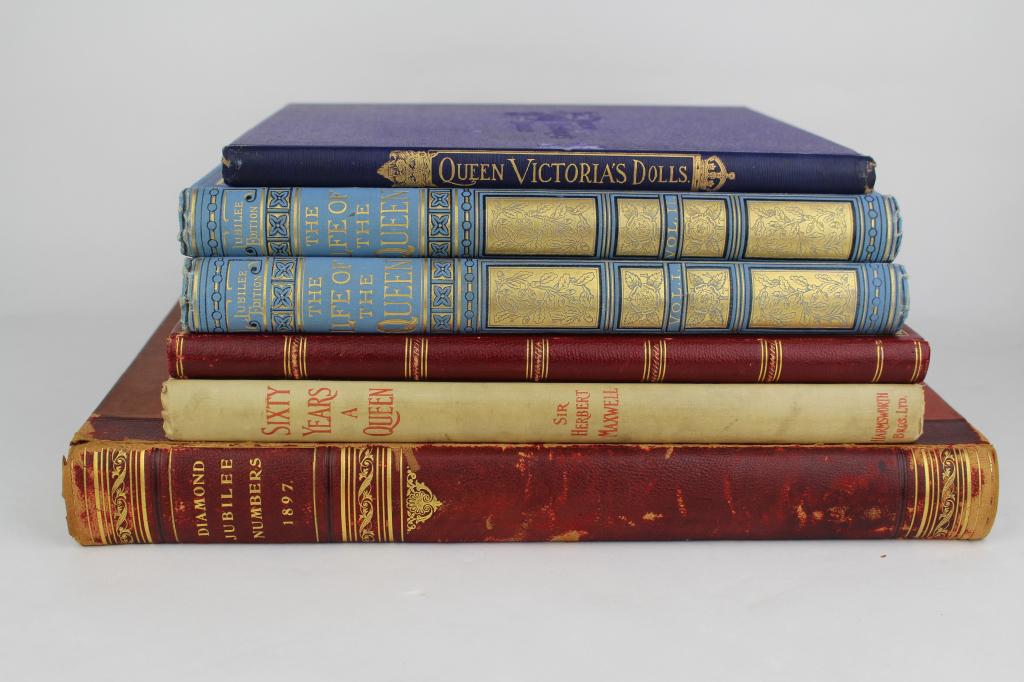 Six English Editions Related to Queen Victoria: to include two volumes of The Life of Her Most Gracious Majesty, the Queen by Sarah Tytler, Jubilee Edition c. 1887. Celebration of Her Majesty's Jubilee 1887 (parade order procession and guests), Que
