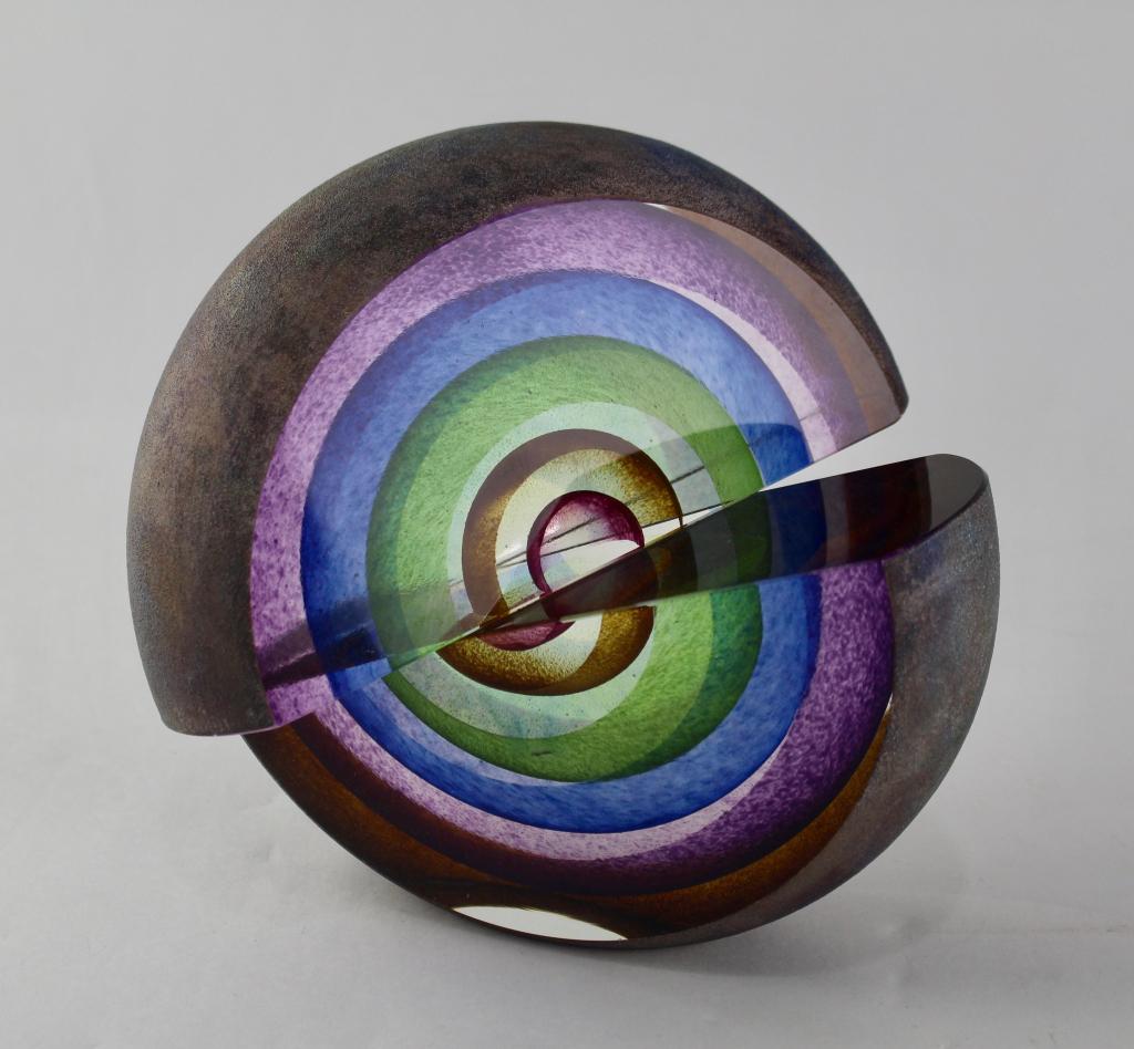 Leon Applebaum Art Glass Sculpture: split sphere with concentric rainbow colors, etched signature on bottom, small flake on corner edge, 7" x 7".