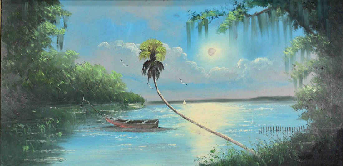 Al Black, Florida Highwayman Painting: Florida landscape with inlet, moored jon boat, full moon, lone palm, cypress moss, birds, 24" x 48" on upson board, original crown molding frame. Signature and "78" scratched in date lower right. This