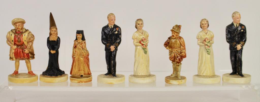 Eight Sebastian British Royal Figures: 2 H.R.H. Princess Elizabeth, Anne Boleyn, Henry VIII, 2 Lieutenant Philip Mountbatten R.N., Francisco Vasquesz de Coronado, and unknown female.