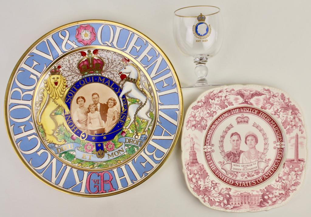Three King George VI and Queen Elizabeth Objects: items include a crystal goblet dated May 1937, a plate commemorating their visit to the U.S. in 1939 by Maddock, and a fine Copeland polychrome and photographic plate May 1937 of the Royal Family feat