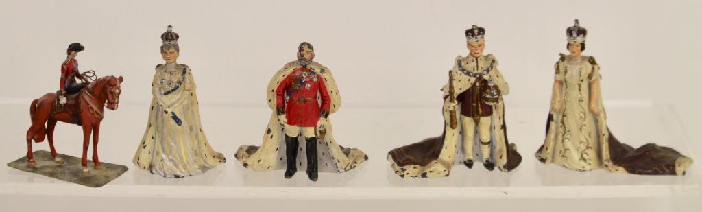 Five British Royal Lead Figures: King George V, Queen Elizabeth, H.R.H. Princess Elizabeth on horseback, Queen Mary and Kind George VI, each approximately 2.5".
