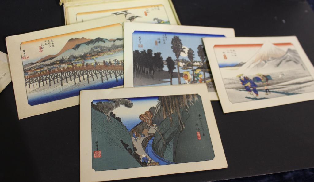 The Tokaido Fifty Three Stations by Hiroshige: complete boxed set published 1926, images 7.5" x 10.5", box has normal wear with individual prints in very good condition.