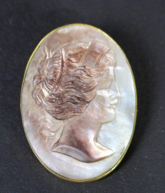 Victorian Period Shell Carved Cameo: classical ladies profile, gold metal bezel with pin back, not tested, 2.25" x 1.25", good condition.