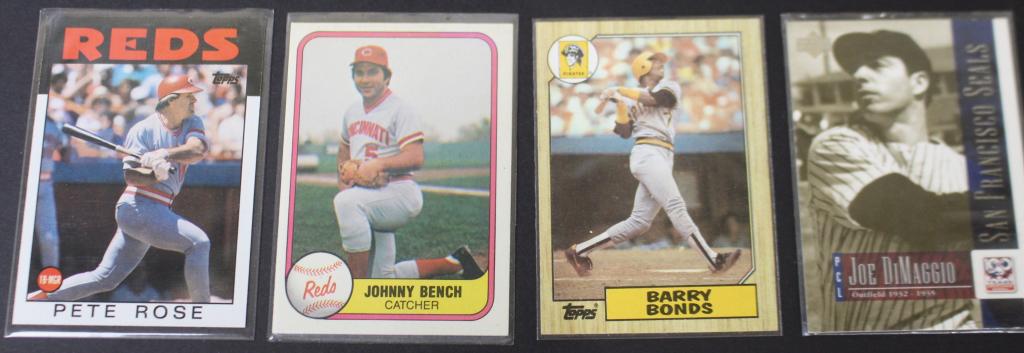 Famous Baseball Player Cards: Pete Rose, Topps 198, Johnny Benc, 1981 Fleer, Barry Bonds, Topps 1987, Joe DiMaggio, Upper Deck 2001 featuring his minor league stint with San Francisco Seals in 1932-1935. Not gradd, good condition.