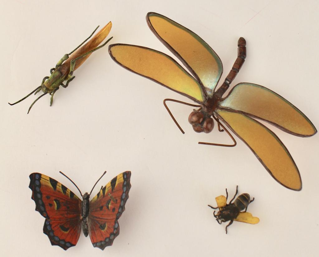 Figural Insect Group: One Signed Daniel Boone: Orient and Flume dragonfly, Daniel Boone, artist, date 1975, 4.5" x 2.5". Austrian cold painted bronze grasshopper, 4.5" with attached Bakelite wings (microscopic enamel loss), an Austrian cold painte