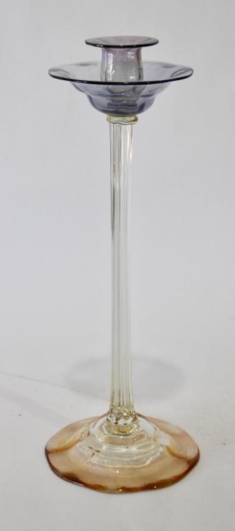 A. Douglas Nash Art Glass Candlestick: 13", c. 1920, pink iridescent base and blue top, etched signature, 141. Mr. Nash was chemist and producer for Tiffany for years, excellent condition.