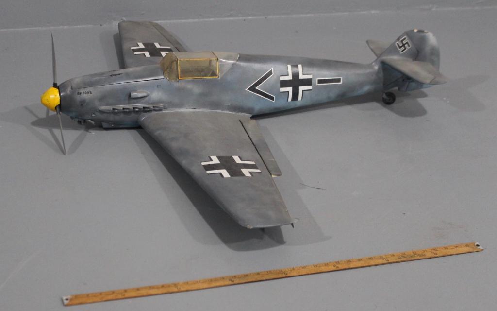 Flying Model of Messerschmitt BF109 E: scale model of WWII German fighter plane. This model was made by Hauptman Karl Plessner, a former ground crew and mechanic for Luftwaffe, later at Volkswagen and built this piece as a hobby project. R