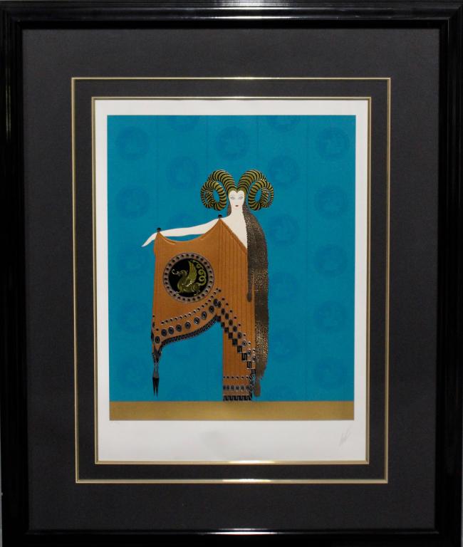 Erte, Limited Edition Serigraph, C. 1986: Russian/French 1892-1990, highly embossed artist proof, 42/60, "Myth and Magic Suite: Golden Fleece", 34" x 28" image, in custom mat and frame 42.5" x 51", excellent condition. Signed lower right.