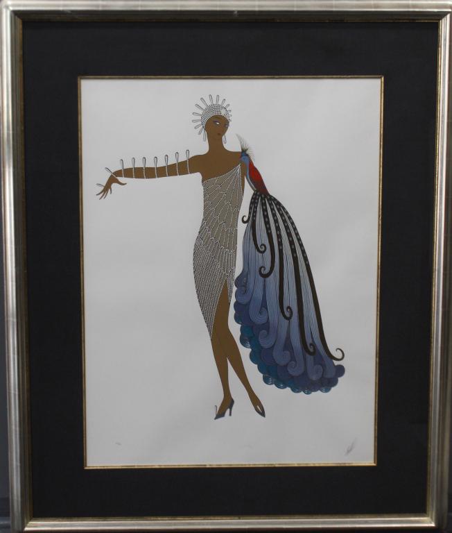 Erte, Serigraph "Black Diva": Russian/French 1892-1990, limited edition 212/300, in custom silver tone frame 38.5" x 47.5" and black linen mat, image 25" x 33", very good condition.