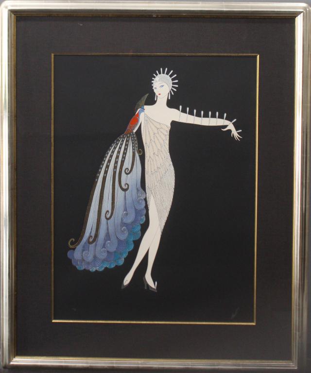 Erte, Serigraph "Diva": Russian/French 1892-1990 limited edition 212/300, in custom silver tone frame with black linen mat 38.5" x 47.5", image 25" x 33", c. 1983, signed lower right, very good condition.