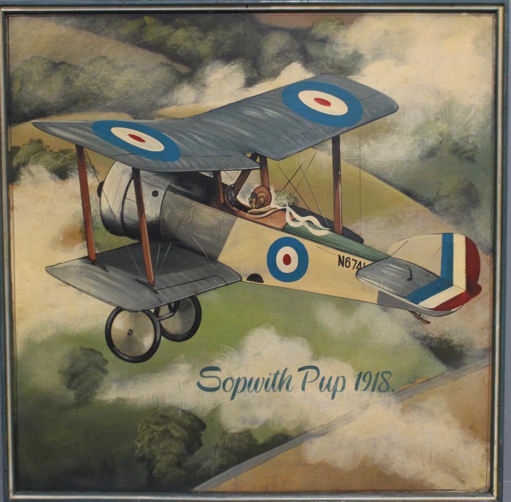 WWI British Fighter Biplane Oil Painting: Sopwith Pup, colorful and large oil on wood panel, 48" x 48", originally hung in Orlando's Church Street Station complex in Lili Marlene's, c. 1970s early 80s, good condition, no signature.