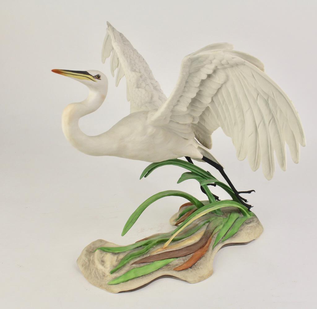 Edward Marshall Boehm "The Great Egret": official limited edition porcelain sculpture for the National Audubon Society, hand signed "Helen Boehm", numbered 761 in bottom signature, 12.5" x 11" x 17" wingspan, very good condition.