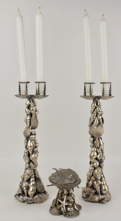 Maitland Smith Candle Sticks & Compote: towering seashell motif with double holders on each, heavy, 15", one signed on base with paper label, with a silver seashell motif and a clam shell hinged compote, 5" x 5", probably Maitland Smith, un