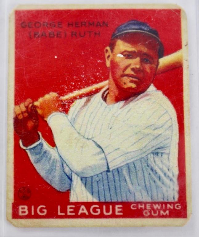 Babe Ruth Baseball Card: Big League Chewing Gum card, 1933, posed with left handed swing on red background, Goudey Gum Co. (the first to include chewing gum in package), No. 149, good color and condition, fairly sharp corners