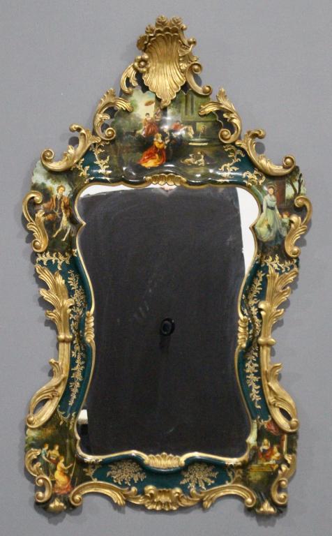 Elaborate Chinoiserie Wall Mirror: scenic decoration around frame, antique gold leaf, antique gold leaf scroll work edges with overhang shell crest, 54" x 30", original bill of sale ($1052.), very good condition.