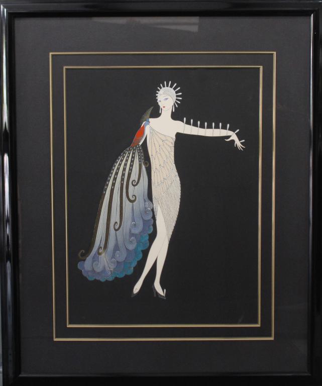 Erte, Serigraph "Diva" 1983: Russian/French 1892-1990, limited edition 114/300, signed lower right, custom 48" x 51" double gold trim matted frame, plexiglass. Tear in the paper at the bottom of plume, otherwise good condition.+