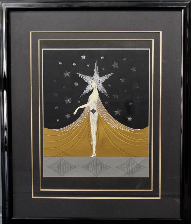 Erte, Serigraph "New York": Russian/French 1892-1990, limited edition 66/150, signed lower right, in custom frame and triple linen mat 48.5" x 50.5". Two creases in mounting, lower right and lower third center, image 26" x 33".