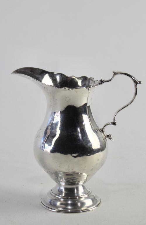 American Coin Silver Creamer: no visible hallmarks, JS in script scratched in bottom, hand wrought finish, applied fancy handle and foot, 5", 4.3 ozt.