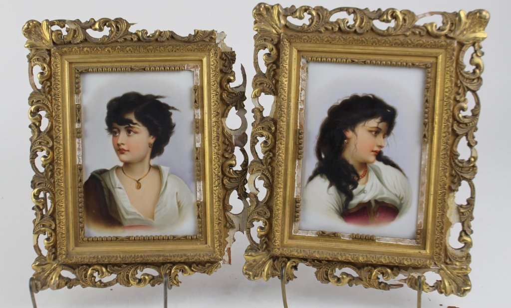 Two Berlin Porcelain Plaques: each with portraits, one young girl and one young boy, original 9" x 11" frames are shot. Rectangle images are 5" x 7" with no damage or defects, unmarked, paper label on one reads "JJ Gillespie & Co.
