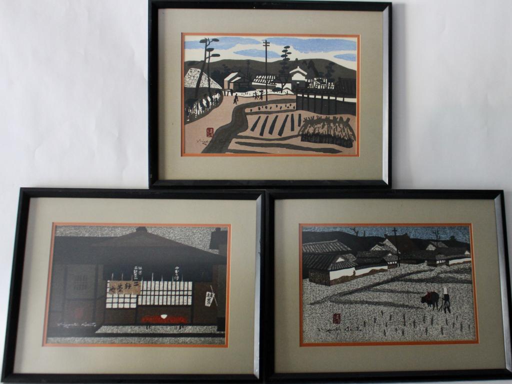 Kiyoshi Saito, Three Woodblock Prints: 1907-1992, c. 1950s, these, as indicated en verso. "Tea House, Ocha", "Aizu Farm Village", "Spring" planting farmer with plow and oxen, each signed lower left and with red seal, one examined out of fr