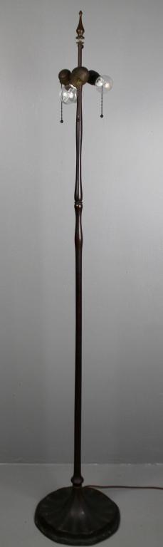 Tiffany Studios Bronze Floor Lamp Base #681A: three light cluster with pull chain sockets, original finish and finial, 62" with thumbscrew adjustable fitting on top, one socket doesn't stay clicked on, good condition.