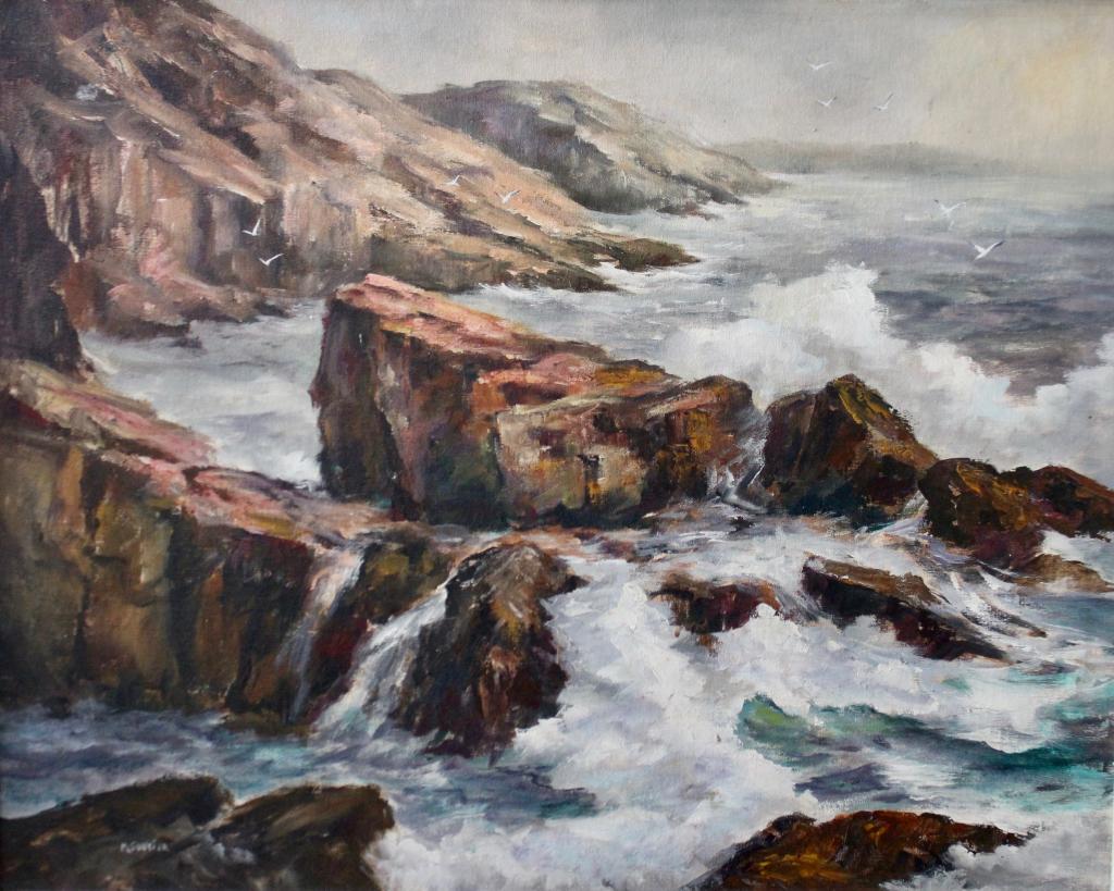 Margaret Soucier Brown, Maine 20th Century, Oil: on masonite, Maine rocky coastal scene, fine depiction of rough surf and rocks, signed lower left, in original weathered pine frame 34.5" x 26.4", sight 23.5" x 22.5", very good condition.