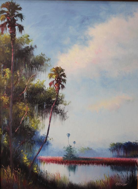 Harold Newton, Florida Highwaymen Artist: 1934-1994, oil on masonite board, Florida wetland landscape, palm trees, lagoon, white clouds, signed lower right, 18" x 24" image, frame 21.5" x 27.5", very good condition.