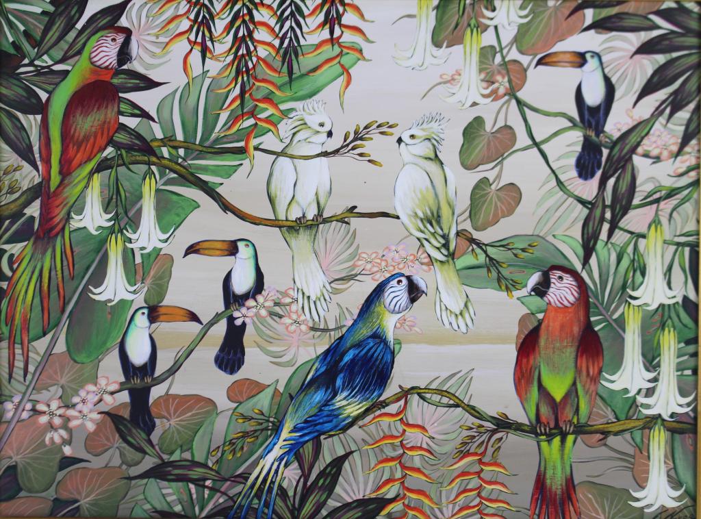 Gustavo Novoa (1941-), Oil on Board: tropical birds and jungle foliage, vines and branches, entitled "Dialogue II", image 12" x 16" in custom frame 18" x 22", signed lower right, excellent condition. Chilean resides in NYC.