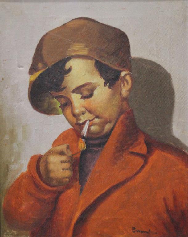 Early 20th Century Portrait Oil on Canvas: young boy lighting a cigarette, lad wears a red jacket and hat with turtleneck sweater, artist signed illegibly, image 9.5" x 12", frame 12" x 14.5", good condition with faint surface scratch and tiny