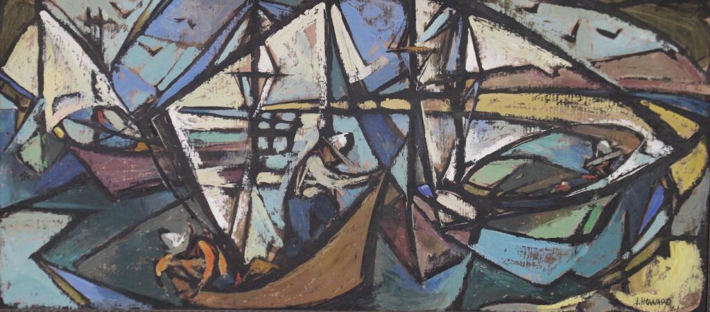 J. Howard, Mid-Century, Acrylic on Masonite: thick acrylic brush strokes on masonite, abstract impressionist painting depicting fishing/sailboats and fishermen tending nets at dock, dated 1961, signed lower right, image 39" x 18", frame 45" x 24