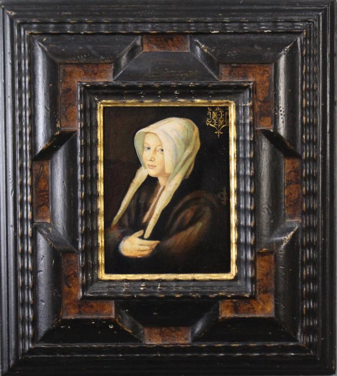 Ida Calzolari, Italian b. 1937, Oil on Wood Panel: fine portrait of young woman in white bonnet, painted in Renaissance style. Ms. Colzolari comes from long line of Italian artists, image is 4" x 5", carved frame 10" x 11", super condition.