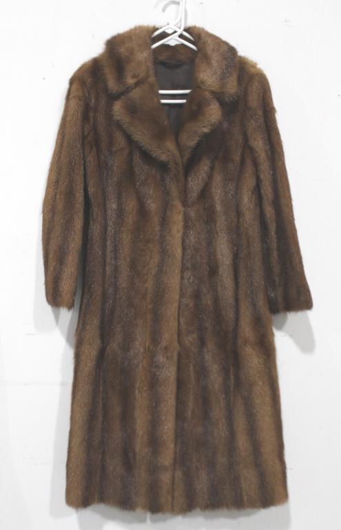 Brown Mink Coat: three quarter length, 44" long with full collar, sleeves 21", small size, satin lining, good condition.