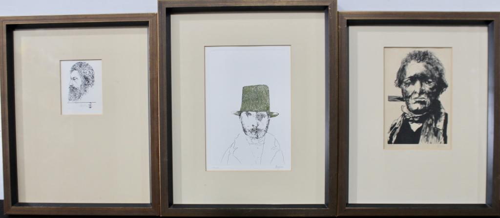 Three Leonard Baskin, Woodcut Etchings: American 1922-2000, from the series of famous 19th century artist's; Rodolphe Bresdin, 46/175, signed, c. 1969 and Camille Corot, 46/175, signed, c. 1969, portrait of William Morris, 46/175, c. 1969.