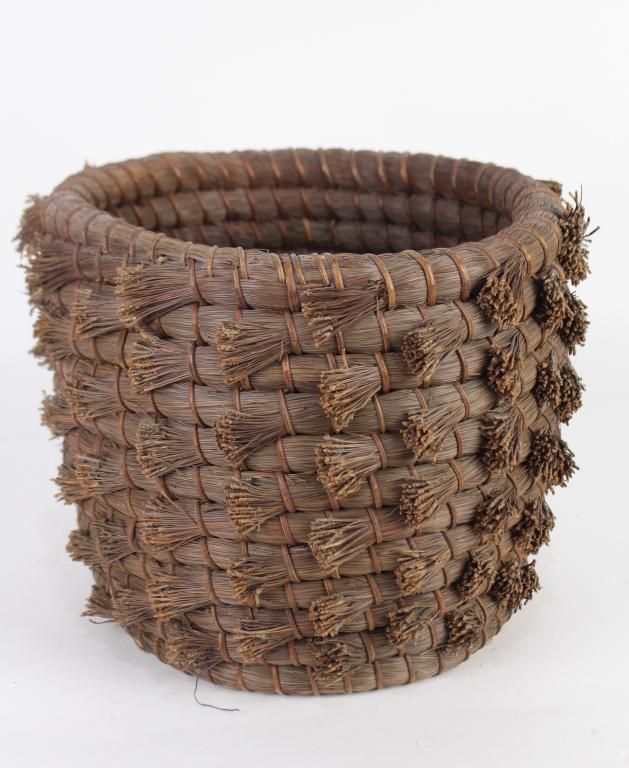 Pine Needle Coiled Basket: heavy and large, unknown origin (perhaps African), high quality and great patina showing age, 10.5" tall x 13" diameter, good condition.