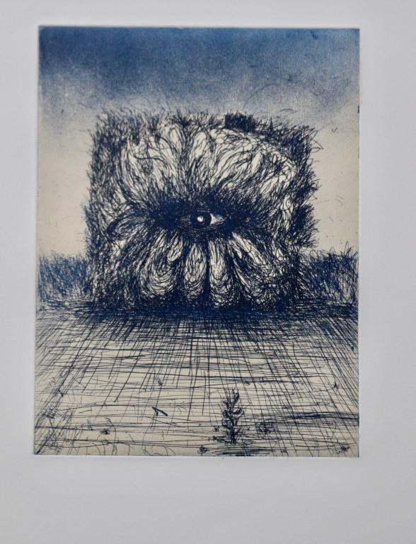 Bill Adams, Maine Artist, Drypoint Etching: "Hairy Eyeball" (what we call it), 20th century, limited edition 3/12, signed lower right, 18" x 20" sheet floated in 20" x 28" frame, fine condition.