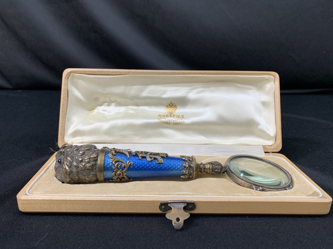 Faberge Bronze Enameled Magnifier Glass Owl w/diamonds: Faberge Bronze & .916 Silver Enameled Magnifier Glass Owl with diamonds & sapphires. Hallmarked H.W. 88, Henrik Wigstrom 1862-1923. Active at Faberge from 1903-1917. 88 denotes 916/1000 parts silver. 