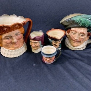 5 Royal Daulton Toby Mugs: 5 Royal Daulton Toby Mugs. Large Old King Cole and The Cavalier, small Tony Weller, Dick Turpin, and Simon the Cellarer. Very good condition.